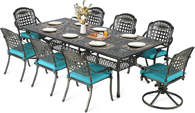MEETWARM 9-Piece Outdoor Patio Dining Set for 8, All Weather Cast Aluminum Patio Funiture Table and Chairs Set- 94.5” Rectangular Table and 2 Swivel Rocker Chairs, 6 Stationary for Garden, Ocean Blue
