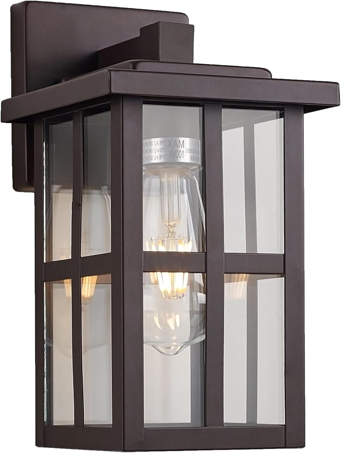 MICSIU 11" Bronze Farmhouse Outdoor Wall Light Fixture 1 Pack | No Assembly Required, Clear Glass, Anti-Rust Metal Outside Sconce for House Porch Garage