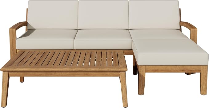 JIVOIT L-Shape Outdoor Furniture Set, 3-Piece Acacia Sectional Patio Sofa Set with 3-Seater Sofa, Coffee Table and Ottoman, Conversation Set for Garden, Poolside, Backyard