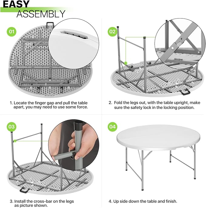 Magshion 53" Round Folding Table, 4.5 Feet Bi-Folding Plastic Commercial Dining Card Table w/Carrying Handle for Outdoor Wedding Party Event Picnic, White