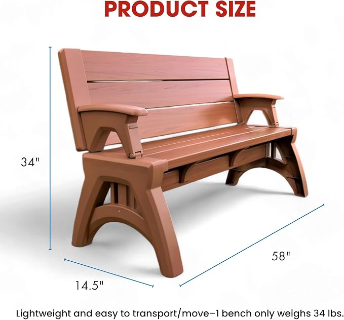Convert-a-Bench 2-in-1 Outdoor Bench & Picnic Table - Foldable, Weather-Resistant Seating - Perfect for Patio, Lawn, Garden, or Deck - Durable & Easy Assembly - 1 Bench/Order, Sierra Timber
