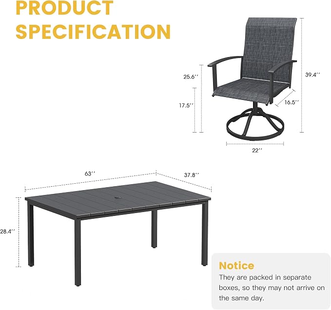 VICLLAX Outdoor Table and Chairs Set of 6, 7 Pieces Metal Patio Dining Set-63 Rectangle Dining Table and 6 Swivel Chairs for Lawn and Garden, Black Tabletop and Chairs