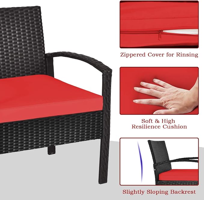 Tangkula 3 Pieces Patio Wicker Conversation Set, Outdoor Rattan Furniture with Washable Thick Cushion & Coffee Table w/Storage Space, Patio Furniture Set for Backyard Porch Garden Poolside (Red)
