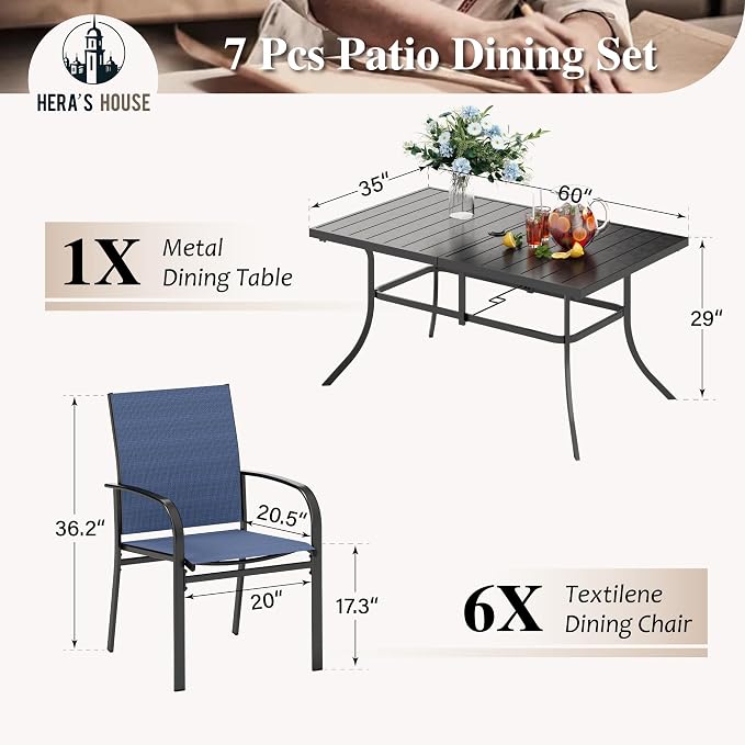 HERA'S HOUSE 7pc Outdoor Patio Dining Set for 6, Textilene Chairs, Blue | 60" rectangular metal table with umbrella hole. Waterproof, rust-resistant, all-weather for backyard, porch
