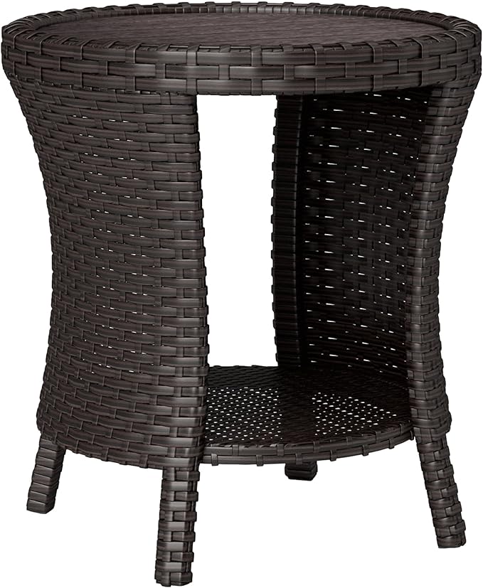Outsunny 18" Outdoor Wicker Coffee Table, 2-Tier Patio Side Table with Storage, PE Rattan End Table with Composite Wood Top, Steel Frame for Garden Backyard Balcony, Mixed Brown
