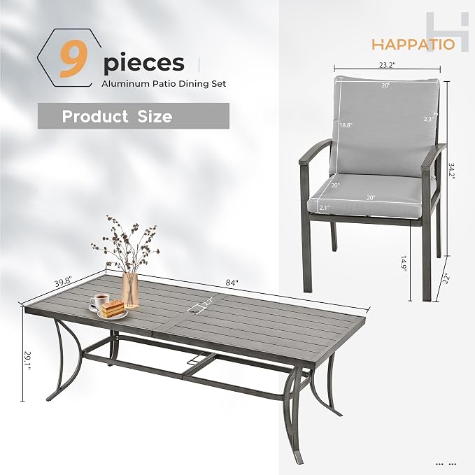 HAPPATIO 9-Piece Patio Dining Set - All Aluminum Table and Chairs for 8, Includes Rectangular Table and 8 Chairs with Cushions, Lawn, Garden