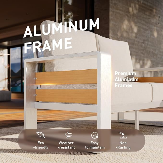 Aoxun Aluminum Outdoor Patio Furniture Set, 2 Seats Metal Sectional Patio Furniture, Modern Outside Sectional Set for Backyard, Love Seat Sofa ×1, Silver & Beige