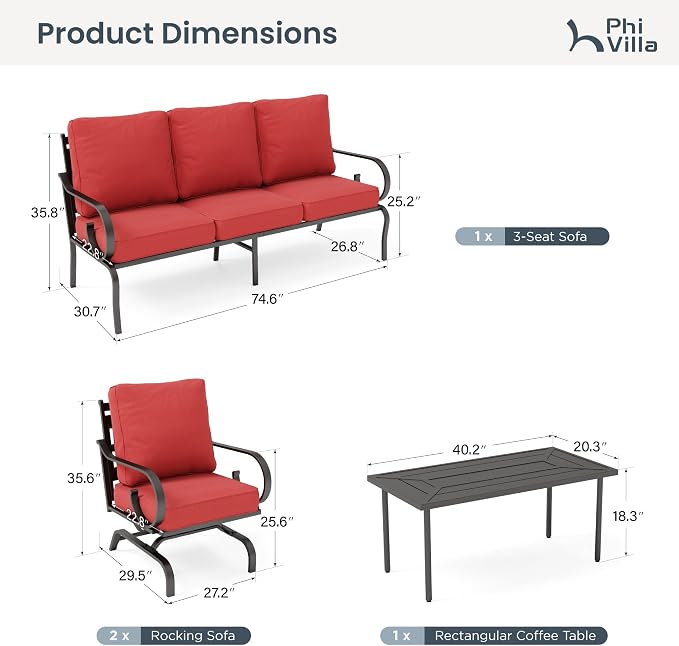 PHI VILLA Patio Furniture Set, 3-Seater Sofa, 2 Rocking Chairs and a Coffee Table, Outdoor Metal Conversation Set with 5.75" Extra Thick Cushion for Garden Backyard Deck, Red