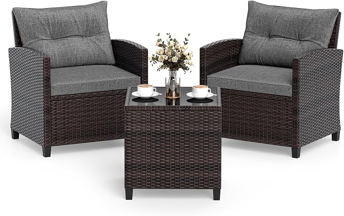 DORTALA Wicker Patio Furniture Set 3 Piece, Outdoor Table and Chairs with Tempered Glass Tabletop, Cushions, Small Rattan Conversation Sofa Set for Balcony, Porch, Backyard, Deck, Grey