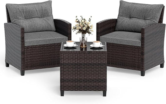 DORTALA Wicker Patio Furniture Set 3 Piece, Outdoor Table and Chairs with Tempered Glass Tabletop, Cushions, Small Rattan Conversation Sofa Set for Balcony, Porch, Backyard, Deck, Grey