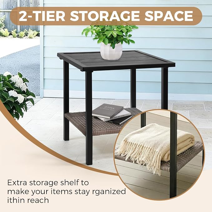 COOS BAY Sunset Haven Outdoor Patio Side Table, Square Outdoor Coffee Table with Double-Tier Storage, Wicker Patio End Table, 18.1"x18.1"x18.5", Brown