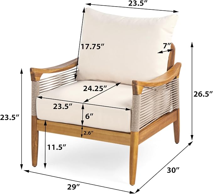 Merax 5-Piece Acacia Wood Patio Set with Rope Seats & Cushions | Teak-Finish Acacia Frame, Beige Woven Rope, Deep Seating Cushions And Coffee Table For Porch, Garden Or Backyard