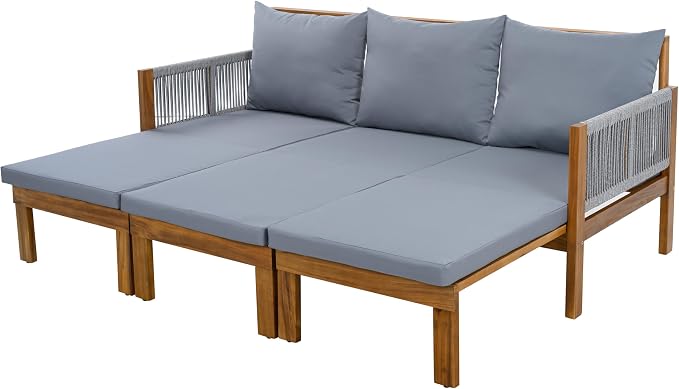 JIVOIT Outdoor Patio Daybed with Rope-Woven Armrests, Convertible Outdoor Sleeper Sofa with Acacia Wood Frame, 3 Seat Patio Sunbed for Backyard, Pool (Gray/85)