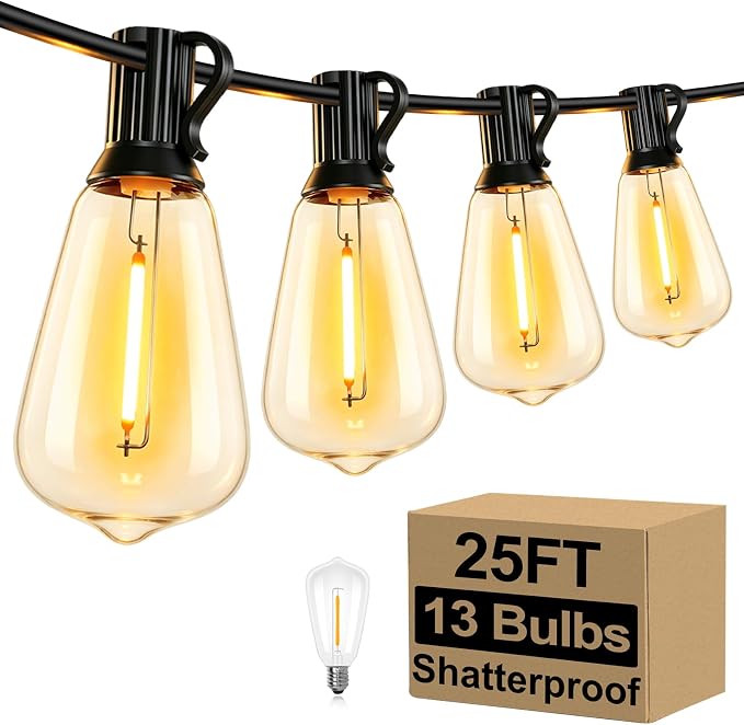 Brightever LED String Lights Outdoor Waterproof, 25FT 2200K Dimmable Patio Lights with 13 Shatterproof ST38 Vintage Edison Bulbs, Outside Hanging Light for Porch, Deck, Garden, Backyard, Balcony