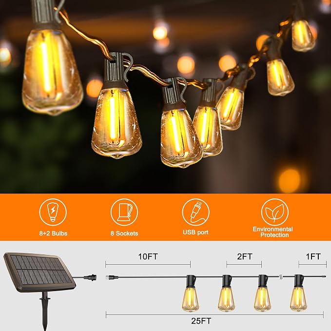 BLIATLUS 25FT Solar String Lights, Waterproof Remote 8+2 ST38 LED for Patio Garden