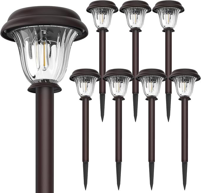 DERAYSION 8 Pack Solar Lights Outdoor, Stainless Steel Glass Solar Pathway Lights, Auto On/Off Long-Lasting Waterproof Garden Lights for Landscape, Path, Yard, Driveway, Walkway Decor (Warm White)