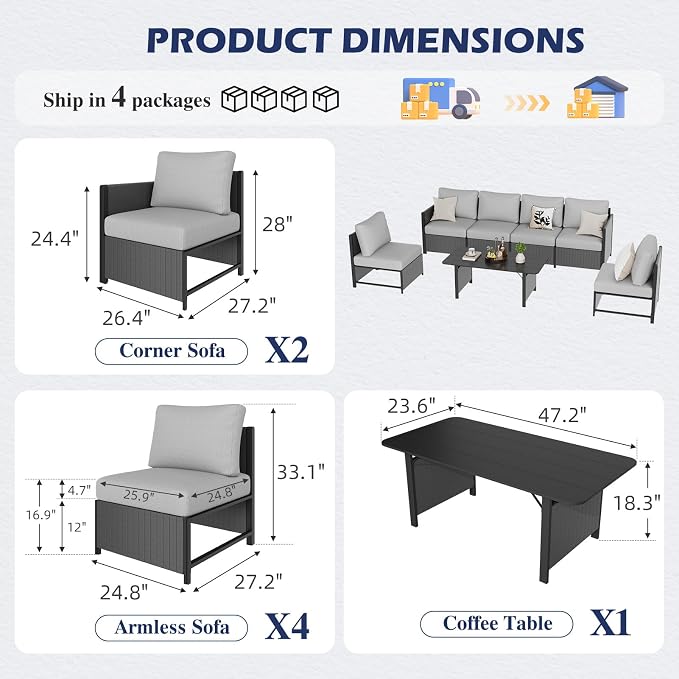 MELLCOM 7 Pieces Patio Furniture Set, Modern Sectional Sofa, All Weather Outdoor Conversation Set with Cushions & Table, Gray