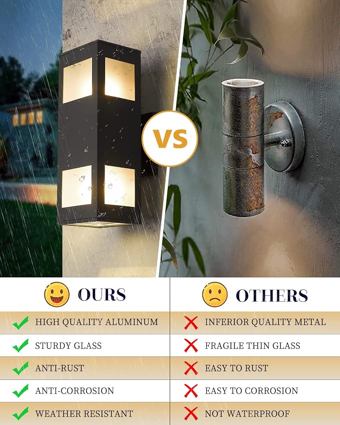 harriet Porch Lights Outdoor Modern - IP64 Waterproof Aluminum and Tempered Glass Cover, 13" Rectangular Up/Down Wall Sconce for Porch, Garage & Patio, Exterior Lighting, Black, 2 Pack