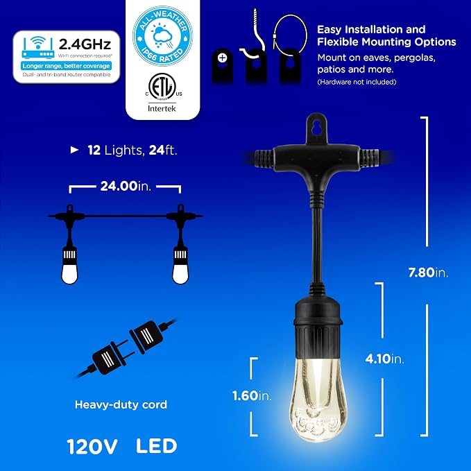 Enbrighten Vintage Outdoor String Lights, 24ft, 12 Bulbs, Smart | RGBWIC LEDs, Weatherproof, Shatterproof Acrylic Bulbs, Linkable up to 750ft, App Control, Works with Alexa & Google Home