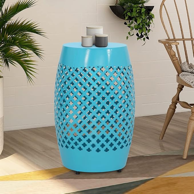 ABBLE Round Patio Outdoor Indoor Lace Cut Steel Side Table, Patio Garden Table, Coffee End Table Nightstand for Small Spaces,Living Room,Front Porch,Poolside, Teal