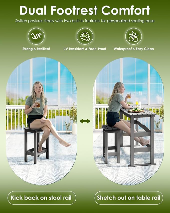 GREENVINES Outdoor Bar Set | HDPE Plastic | 3-Piece | 37″ Counter Height Patio Table & 2 Backless Stools | Rectangle | High Top | All Weather | for Backyard Balcony Poolside | Grey