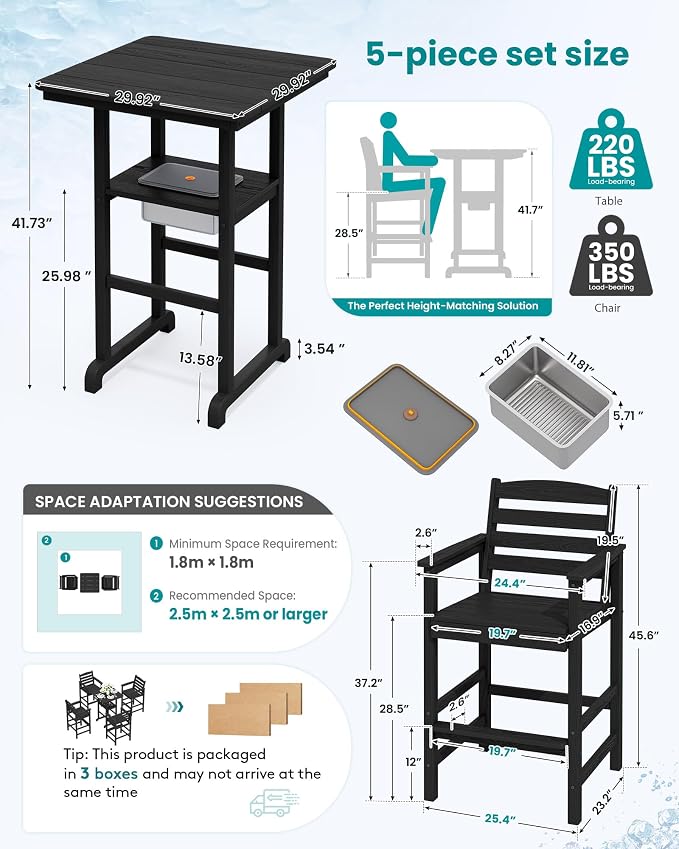 SERWALL Adirondack Bar Chairs and Table 5 Pieces Set, HDPE Bar Height Chairs Set of 2 and Bar Table with Ice Bucket, Outdoor Bar Stools Set for Balcony, Poolside, Backyard, Black