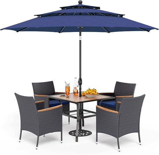 PHI VILLA 5pc Patio Dining Set with Umbrella, Square Table, Rattan Chairs | 37" Wood-like Metal Table, Cushioned PE Rattan chairs, 10ft Navy Blue 3 Tier Auto-tilt Umbrella (Base Not Included)