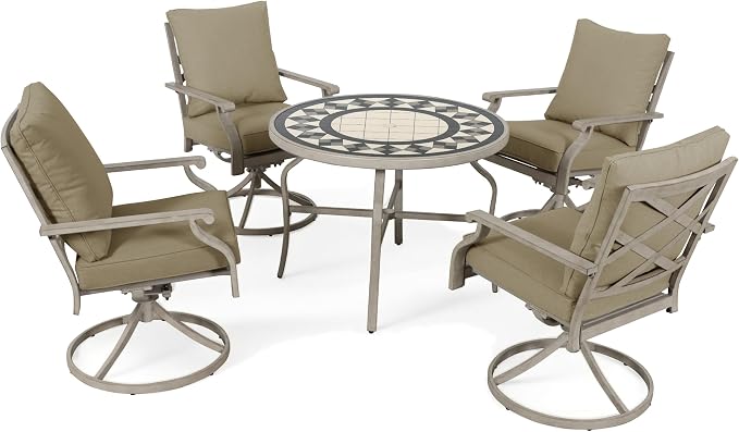5-Piece Patio Dining Set, 4 Swivel Chairs with Removable Thickened Cushions & a 3D Textured Table with Umbrella Hole, All-Weather Furniture for Backyard, Garden, Lawn, Beige