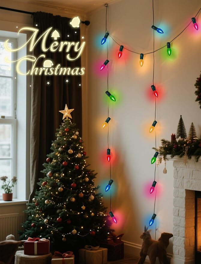 26Ft C7 LED Multicolor Christmas Lights Outdoor, Vintage Christmas String Lights with 27 Clear Colored LED Bulbs, Hanging Old Fashioned Xmas Decorations for Outside Holiday Party Garden, Green Wire