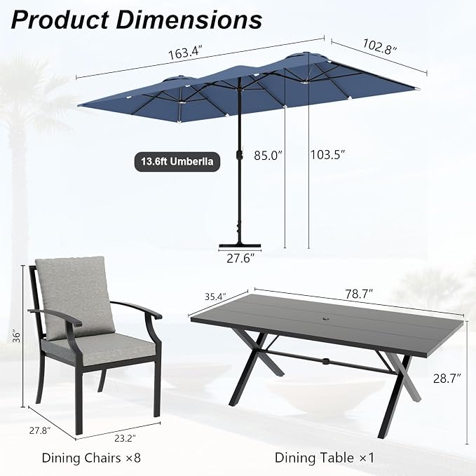 10 Piece Outdoor Dining Set for 8, Patio Table and Chairs Set with Umbrella, Metal Patio Furniture Set with 8 Stackable Chairs, Outdoor Table and Chairs with Cushions for Lawn, Garden, Yard-Grey