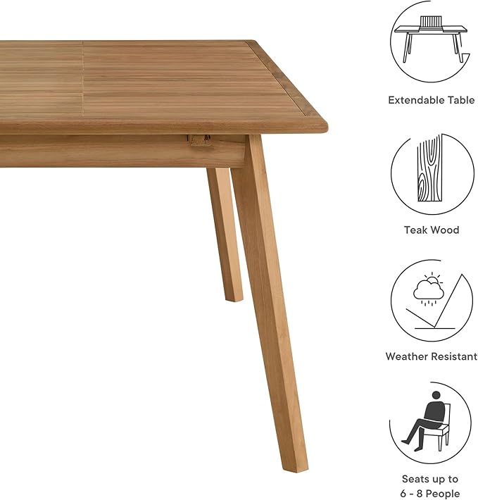 Modway Vienna Outdoor Patio Teak Wood Extendable Dining Table in Natural