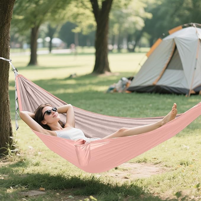 Pink Solid Color Camping Hammock, Portable Lightweight Single Hammock with Tree Straps and Aluminum Carabiners, 114" x 54" Travel Hammock for Hiking Backpacking Beach