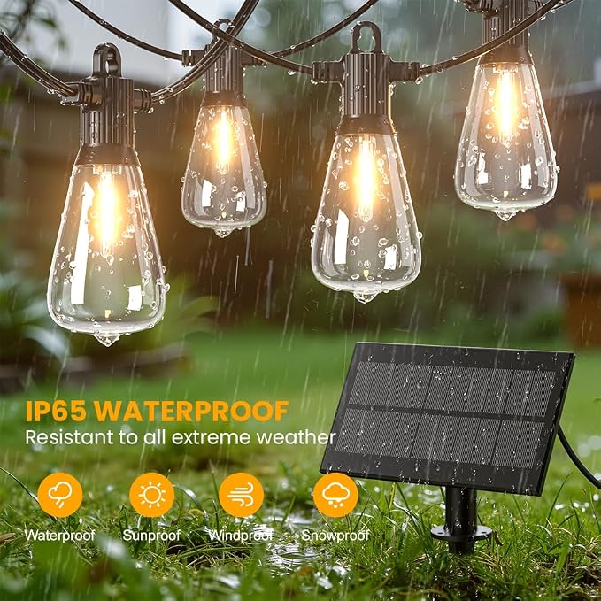 100FT Solar String Lights Outdoor Waterproof IP65 with USB-Charging , Solar Powered LED Patio Lights with 50+2 Shatterproof ST38 Edison Bulbs, Hanging Lights for Outside Backyard Garden Bistro Gazebo