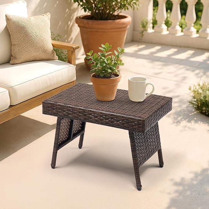 23.6" Rectangular Patio Side Table,Small Folding Wicker End Tables,All-Weather Rattan Coffee Table,Bistro Dining Tables,with Steel Frame,for Lawn Garden Backyard Deck Porch Poolside Balcony (Brown)