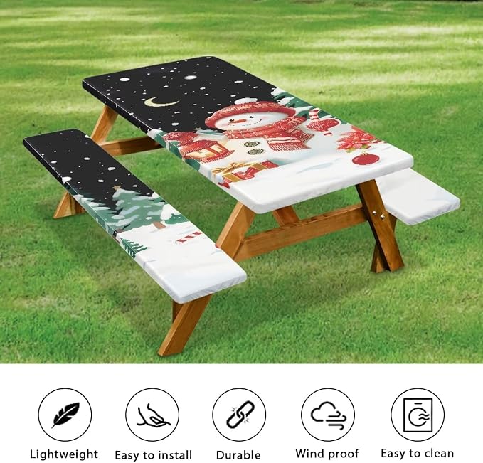 Snowman Picnic Table Cover with Bench Covers Elastic Edges, Rectangle Fitted Christmas Table Cover, Outdoor Patio Camping Essentials 72 Inch 3PCS, Waterproof Camping Fitted Tablecloth