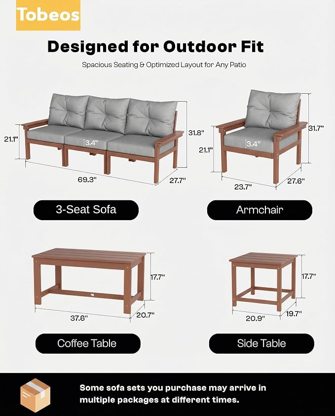HDPE 7 Piece Patio Furniture Set, All-Weather Outdoor Couch Set with Thick Cushions & Coffee Table & Side Table, Patio Conversation Sets for Lawn, Garden, Porch, Balcony, Deck, Teak & Grey