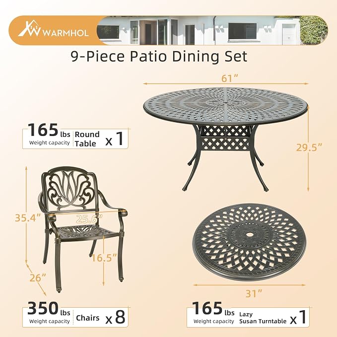 9-Piece Patio Furniture Dining Set, All Weather Cast Aluminum Outdoor Conversation Set- 61" Round Patio Dining Table with Detachable Lazy Susan & 8 Chairs, Umbrella Hole, Dark Bronze