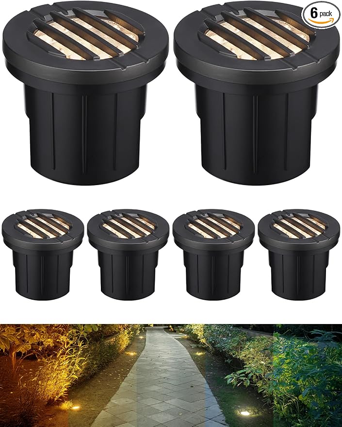 LEONLITE 6-Pack Dia. 4 Inch 5CCT Well Light Grated Top Black | 12-24V AC/DC, CRI90, 1800K/2700K/3500K/4000K/5000K, Landscape LED In Ground Outdoor, Low Voltage Garden Landscaping, Aluminum