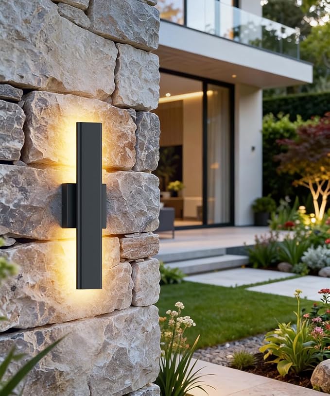 Aipsun 2 Packs Outdoor Wall Sconce, 3000K 4000K 6000K, 15.75in Modern Black Exterior Light, Long LED Linear Wall Light Outside Lighting for Entrance, Hallway, Garage, Porch(3CCT)