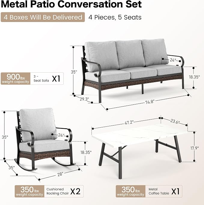 SUNSHINE VALLEY 4 PCS Metal Outdoor Patio Furniture Set, Patio Conversation Sets 1 3-Seater Sofa, 2 Rocking Chairs with 5.75" Extra Thick Cushion & Coffee Table, Black Backyard Furniture, Light Gray