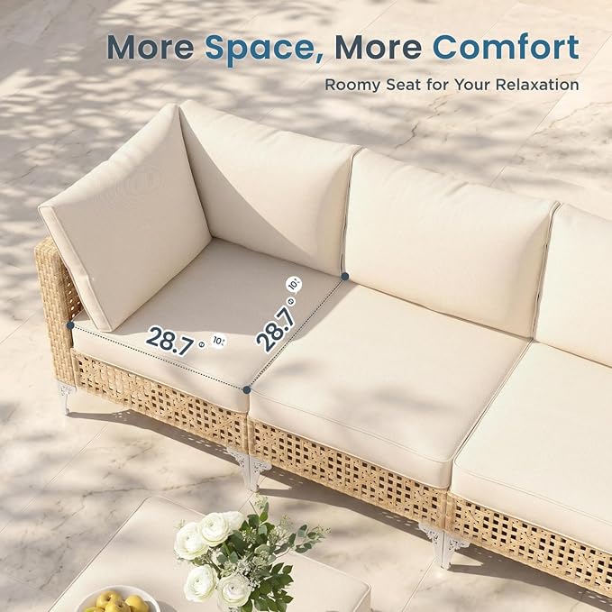 PHI VILLA Wicker Patio Furniture Set, Rattan Patio Sectional Sofa Sets, Boho Outdoor Modular Couch Sets with Ottomans for Backyard, Porch(7 Pieces, Beige Cushion)