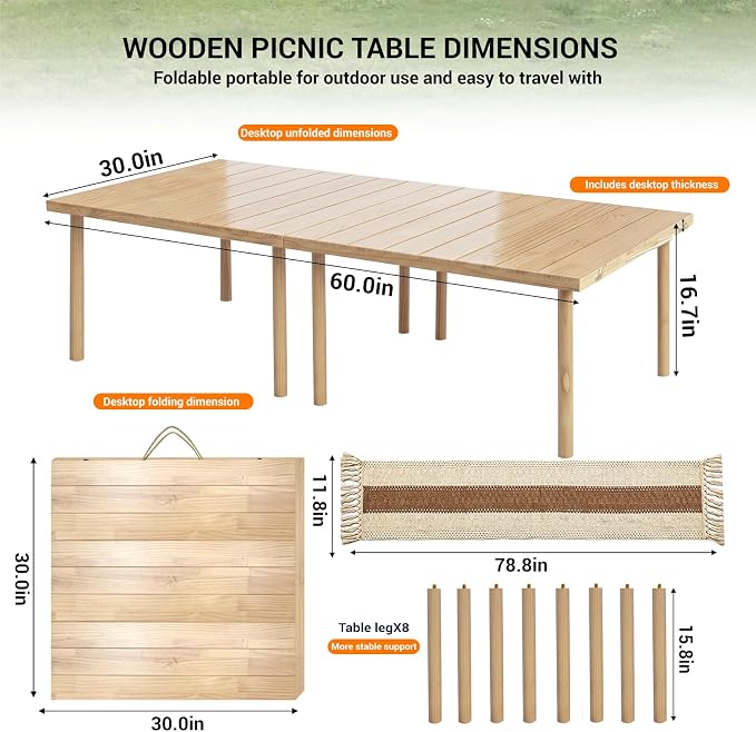 Upgraded Large Low Wooden Folding Picnic Table with 8-Legs, Thick Varnished Tabletop, 60"×30" Portable Boho Beach Table with Table Runner for Yard, Camping, Indoor & Outdoor (Vertical Stripe)