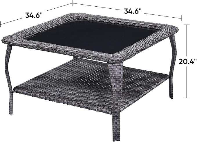 Patio Table Outdoor Coffee Tables - Rattan Wicker Coffee Table with Glass Top and 2-Tier Storage Shelf Square for Outdoor Patio Porch Deck Balcony Garden(Mixed Grey/Glass Top)