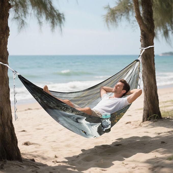 White Wolf in Forest Camping Hammock, Portable Lightweight Single Hammock with 3 Straps and Aluminum Carabiners, 114" x 54" Travel Hammock for Hiking Backpacking Beach