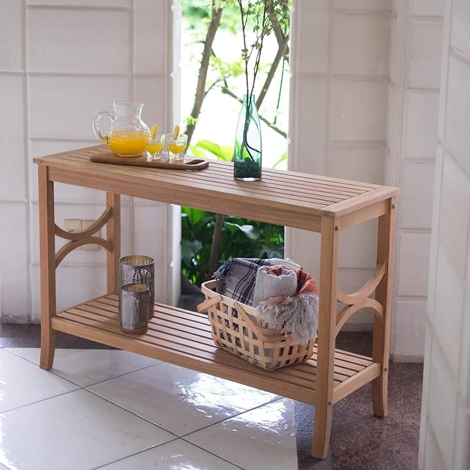 Teak Patio Console Table Brown Farmhouse Rectangle Wood Finish Weather Resistant