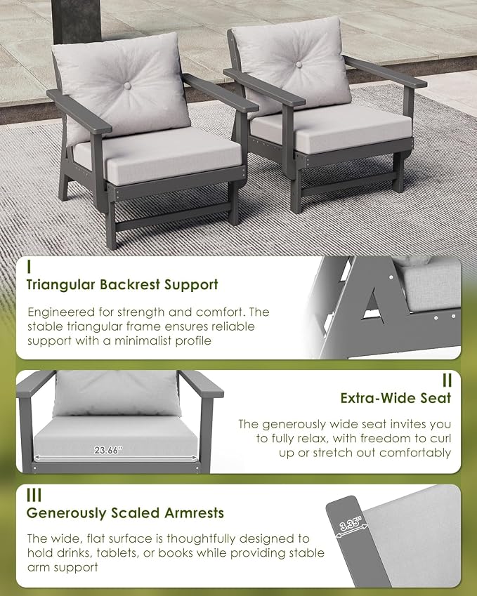 GREENVINES Outdoor-Couch-Set-of-2 | HDPE Plastic | Patio Sectional Conversation Sets | All Weather Couches | Sofa with Detachable Armrests | for Porch Deck Lawn | Gray Frame Light Gray Cushion