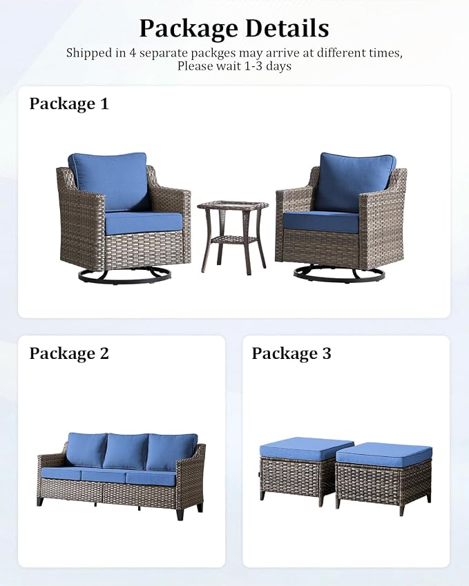 Outdoor Furniture Set of 9, Patio Furniture Set with Swivel Chairs, Sofa, Side Table and Ottomans, High Back&Deep Seat for Garden Deck Porch Balcony Backyard - Blue