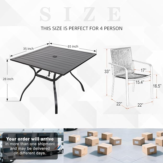 Outdoor BrownTan Stackable Chair and 35" Square Table Patio Dining Set of 5 | 4 Piece Stackable Chairs, Textilene Seat&Back, Metal Table, Slat Table Top, 4 Person Use, 1.57" Umbrella Hole, All Weather