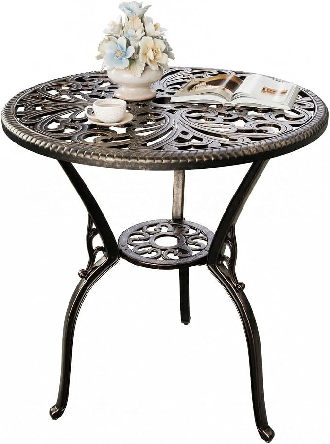 Garvee 23" Round Patio Dining Table with Umbrella Hole,Antique Cast Aluminum Outdoor Bistro Table,Umbrella Table,Side Table,End Table,Outdoor Furniture for Backyard,Garden,Patio,Porch,Bronze