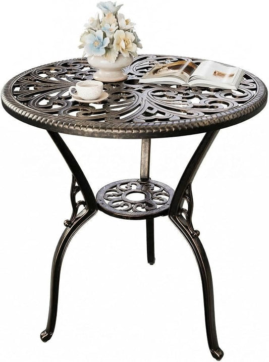 Garvee 23" Round Patio Dining Table with Umbrella Hole,Antique Cast Aluminum Outdoor Bistro Table,Umbrella Table,Side Table,End Table,Outdoor Furniture for Backyard,Garden,Patio,Porch,Bronze